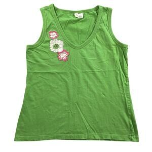 Palm Island Top Womens Large Green 100% Cotton Sleeveless Tank Floral Applique